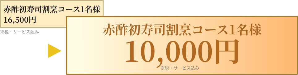 赤酢初寿司割烹コース1名様16500円を10,000円で1組様に！